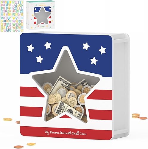 Miniatura 20 de Summidate Caja de ahorro de dinero de madera, caja de ahorro de ventana transparente -10000 desafío con calcomanías de rastreador, alcancía