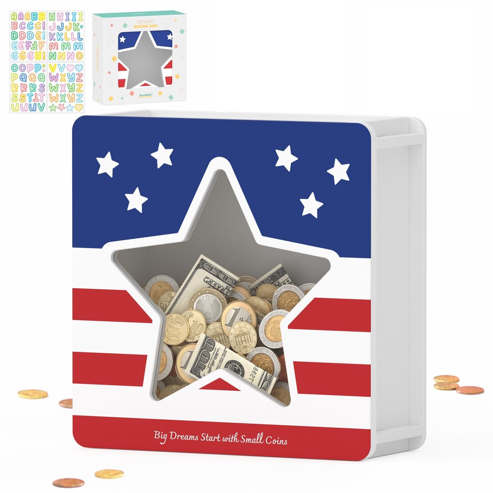 Summidate Wooden Pig Money Box for Adults and Kids, Personalised Piggy Bank with DIY Letter Stickers - Creative Cash Savings Box for Pocket Money, Holiday Fund & Birthday Gift