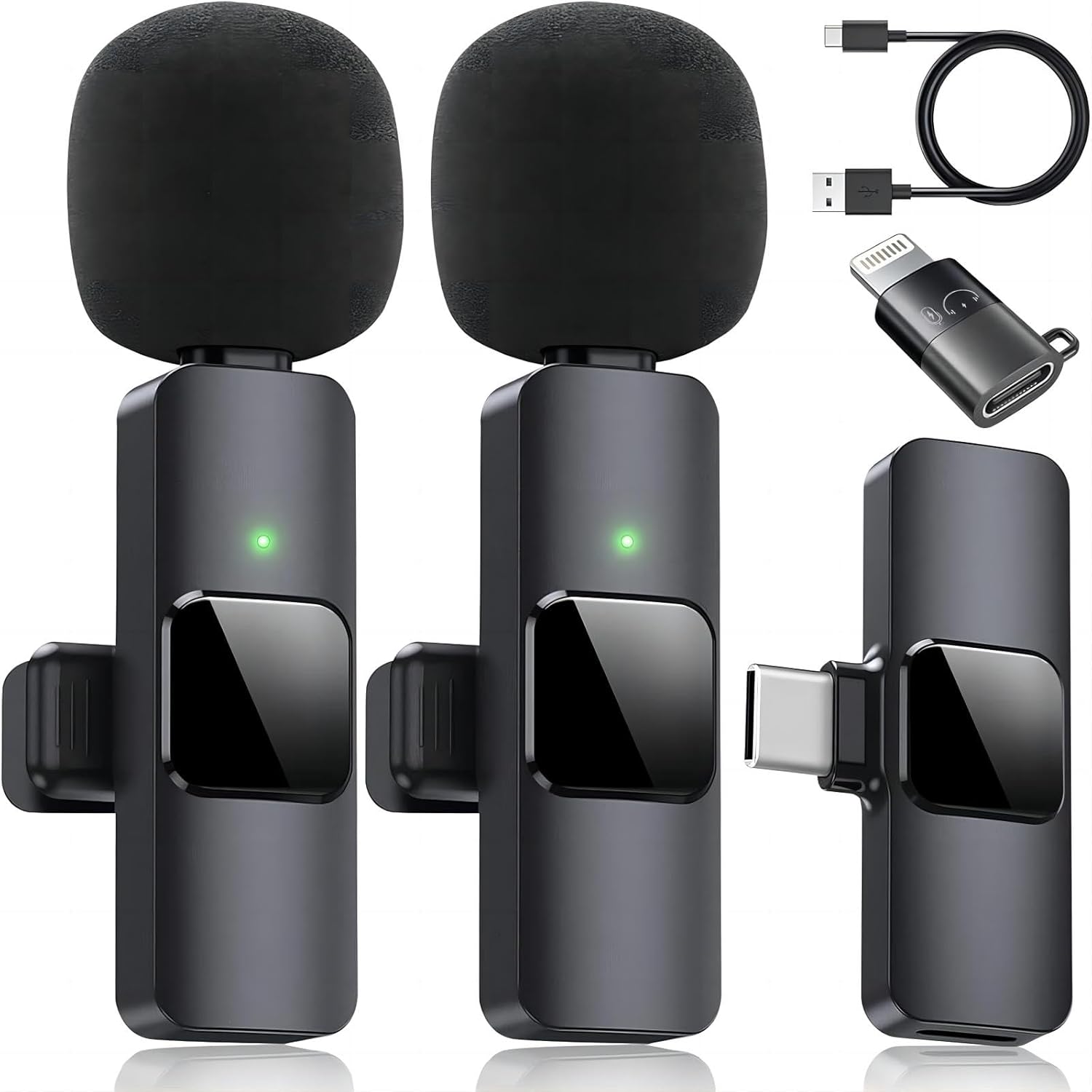 Generic 2 Pack Type C Mini Wireless Lavalier Microphone for iPhone 15, iOS and Android, for VideoLiveShows Interviews Vlogs,Tiktok YouTube Vlogs, Black,a Adapter Includes
