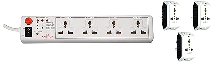 Anchor by Panasonic Spike Guard 4-Way Socket with Single Switch (White), 240 V, 1440 Watt & anchor by panasonic 22841 6A 3 Pin Multiplug Adaptor (White & Black, Pack of 3),22841-Pk3
