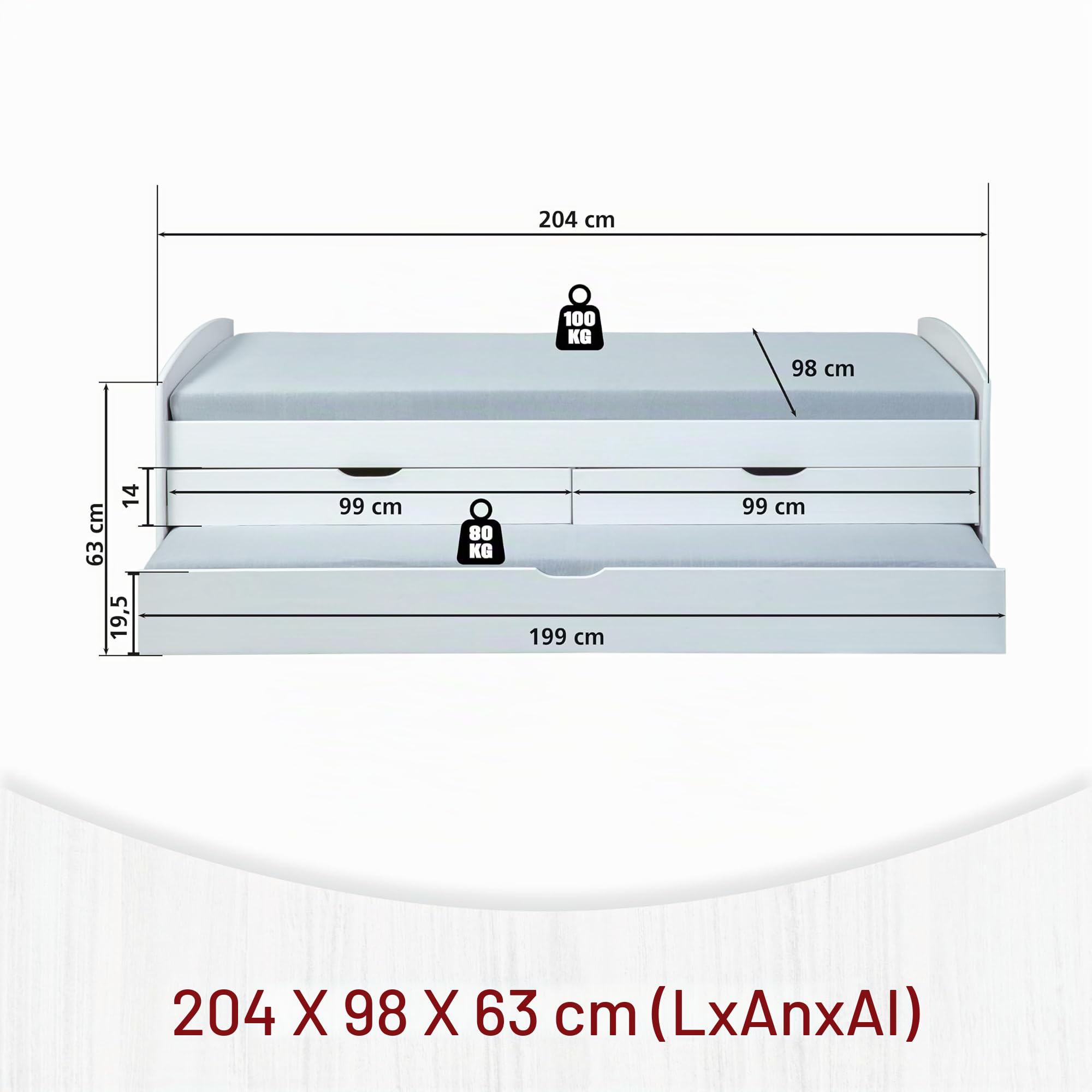 Inter Link - Cama Funcional 90x200 - con Espacio de Almacenamiento - Cuna - Cama Juvenil - Cama con cajones - Cama de Madera Maciza - 2 cajones - 1 cajón Blanco - Madera Maciza - Ried