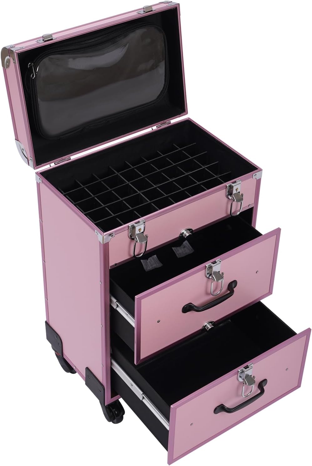 Rolling Makeup Case, Makeup Train Case, Large Storage Cosmetic Trolley, Rolling Nail Case, 3 Layers, Nail Art, Hair Styling Tools - Pink, Portable & Durable for Salon, Travel, Professionals