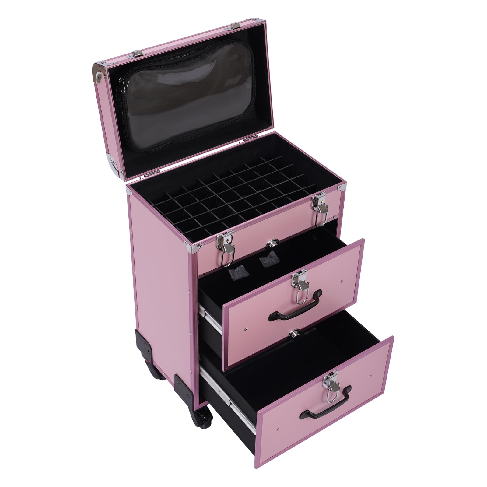 BGYUHWQ Professional Rolling Makeup Train Case with Drawers, Large Cosmetic Trolley with Locks, Cosmetics Storage Organizer for Travel Makeup/Nail Art/Hair Styling (Pink)