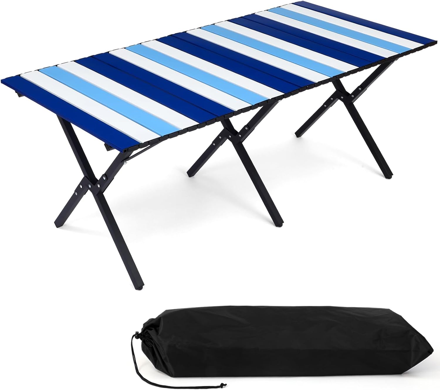 Beach Table Folding Camping Portable Table Striped White Aluminum Side with Carry Bag for Camping Picnics and Outdoor Activities (48x24x18 in,Navy Blue)