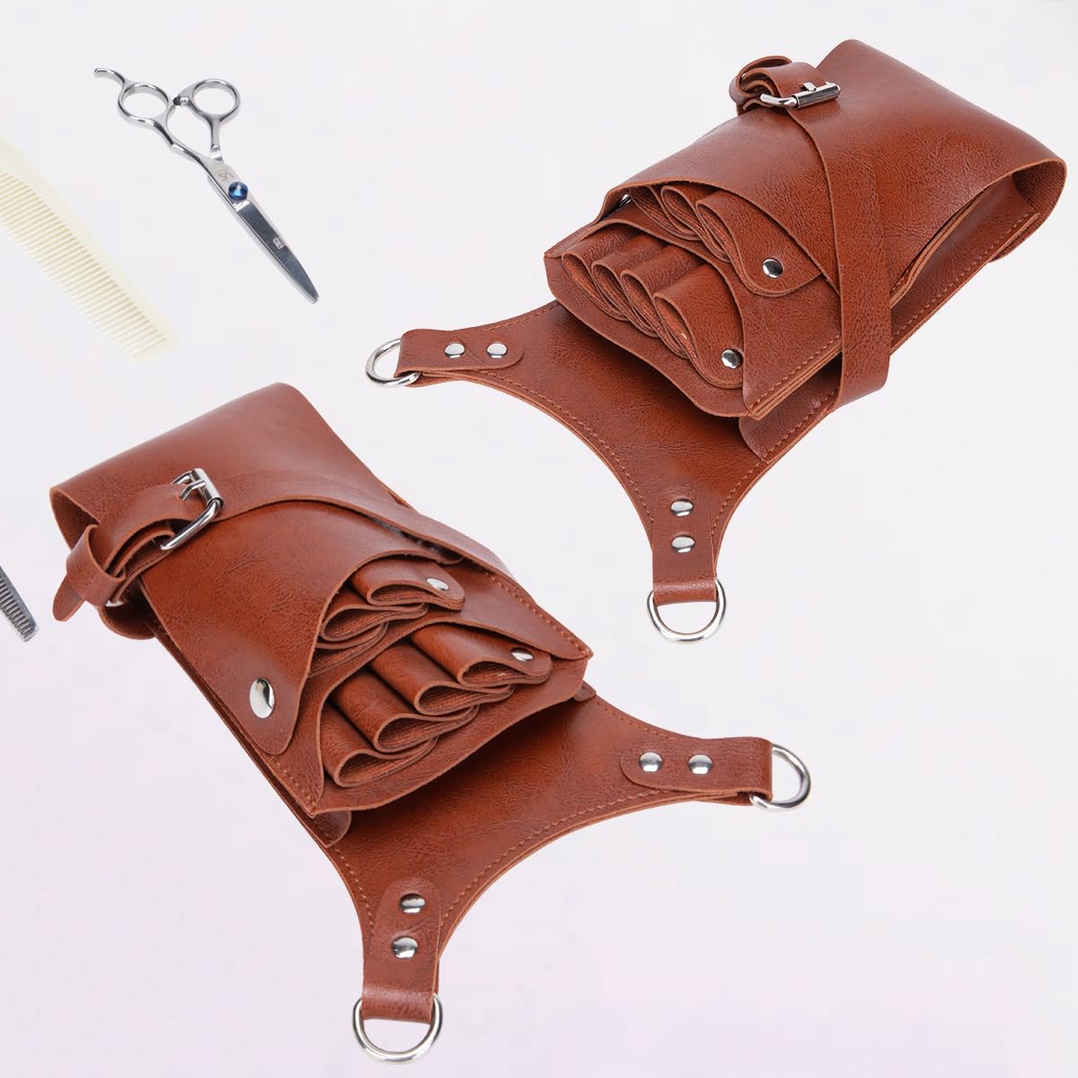 Riñonera para peluquería, Bolsa de herramientas de peluquería, funda para tijeras con correa ajustable para el hombro para peines, maquinillas de afeitar, tijeras, clips (LQ-YZ Marrón)