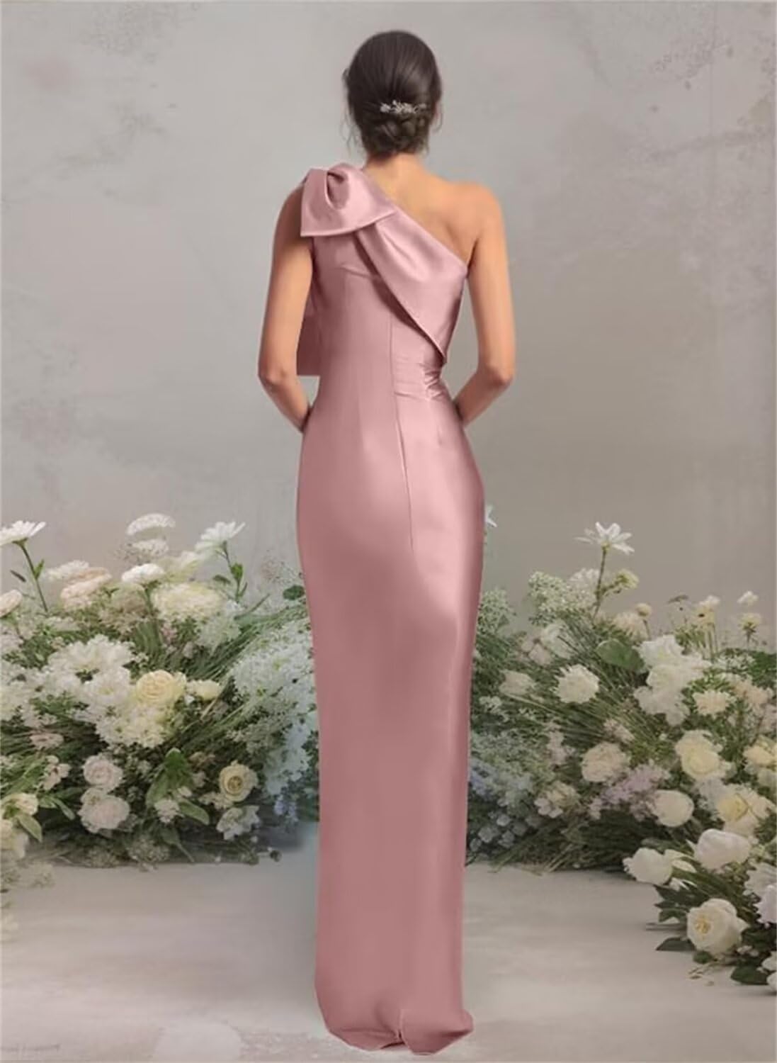 One Shoulder Bridesmaid Dress with Bow Long Mermaid Satin Prom Dress with Slit Sheath/Column Formal Evening Gowns