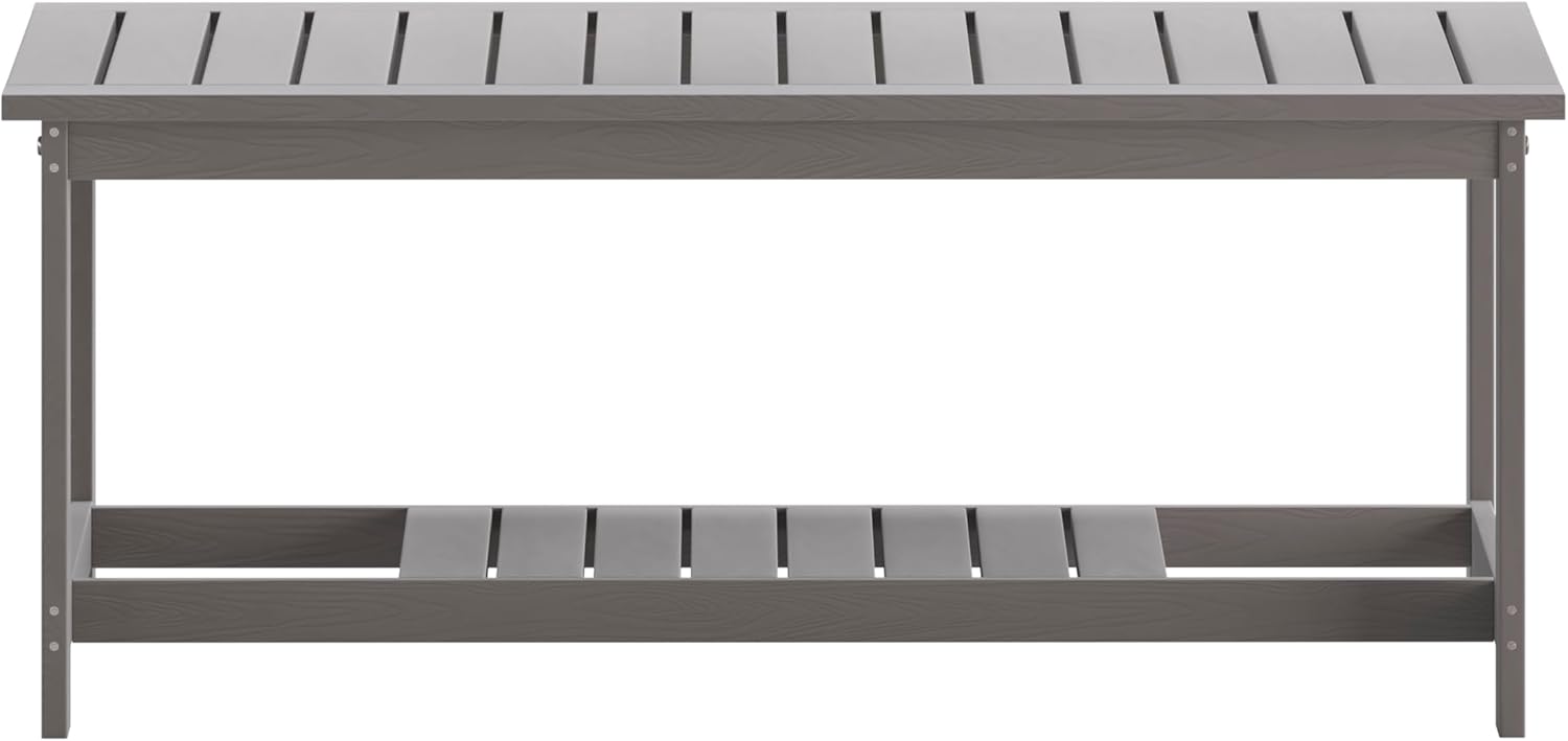 BizChair Two Tiered Commercial Grade Adirondack Coffee Table - Gray Finish Poly Resin Wood - All-Weather - Slatted Shelf Design