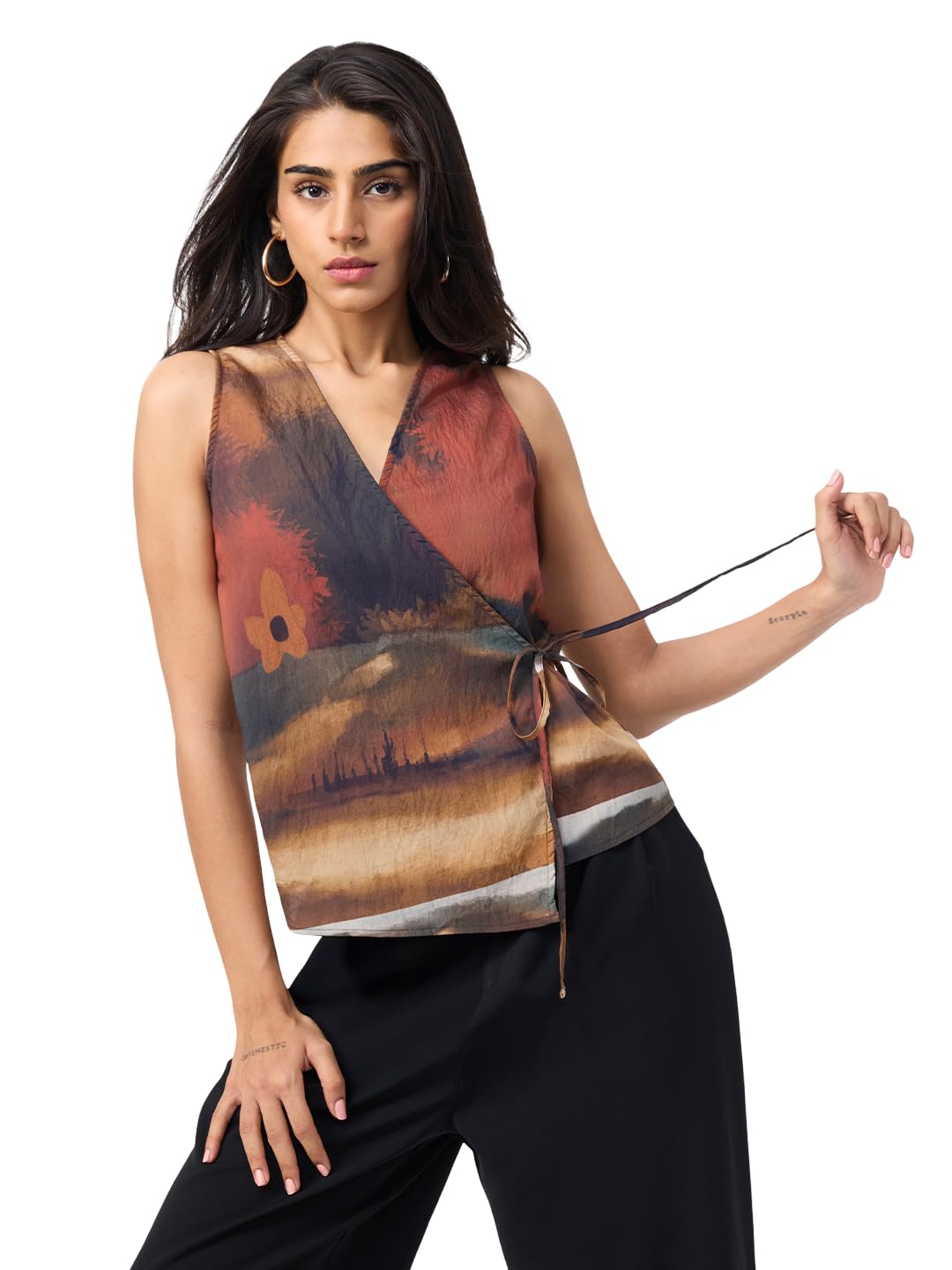 the souled store Tie-Up Top: Women and Girls Sleeveless Wrap V-Neck Graphic Printed Viscose Nylon Regular Fit Lightweight Casual Wrap Top-picture-22