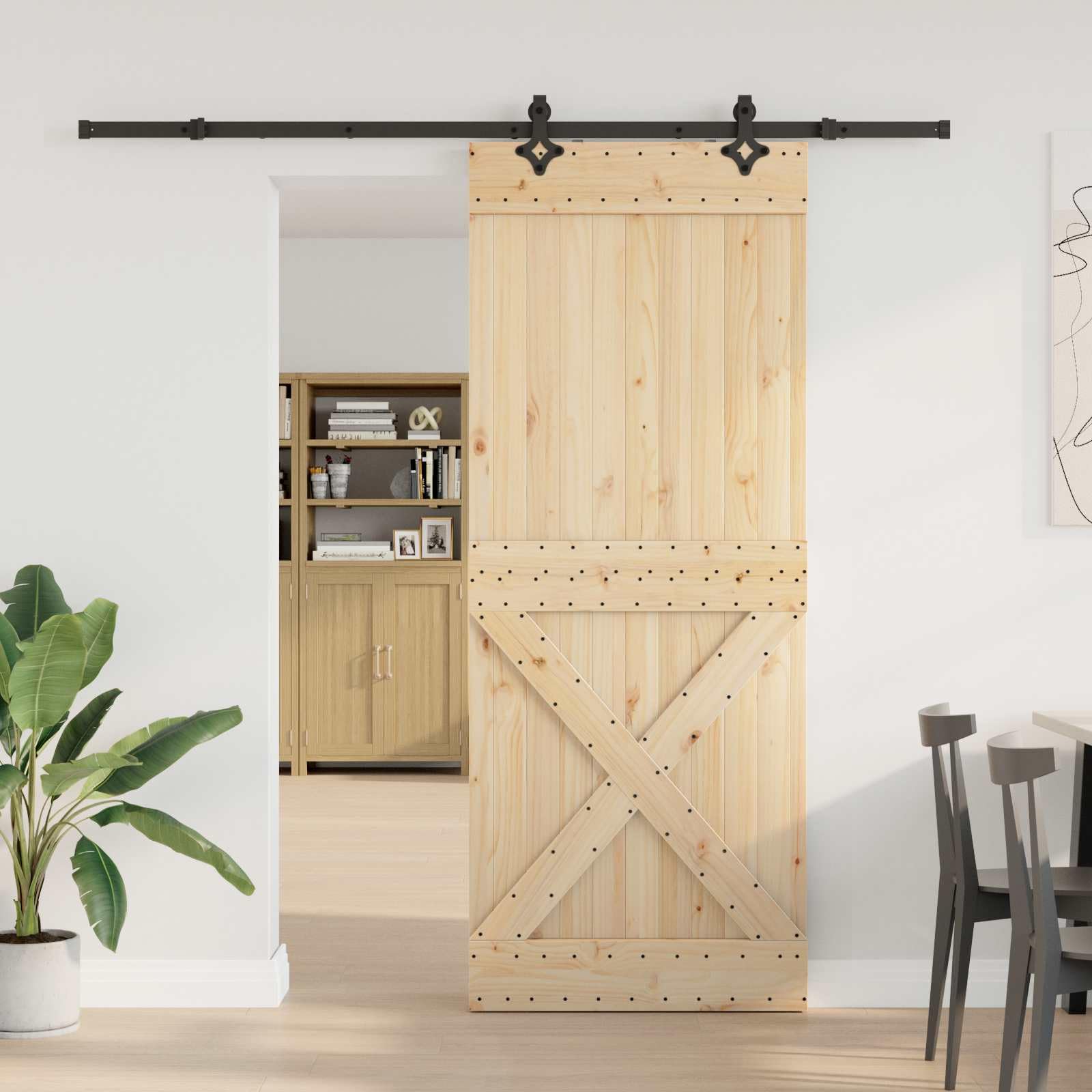 Narvik - Porta scorrevole in legno di pino, 90 x 210 cm, con binario in acciaio verniciato a polvere, per interni, divisorio