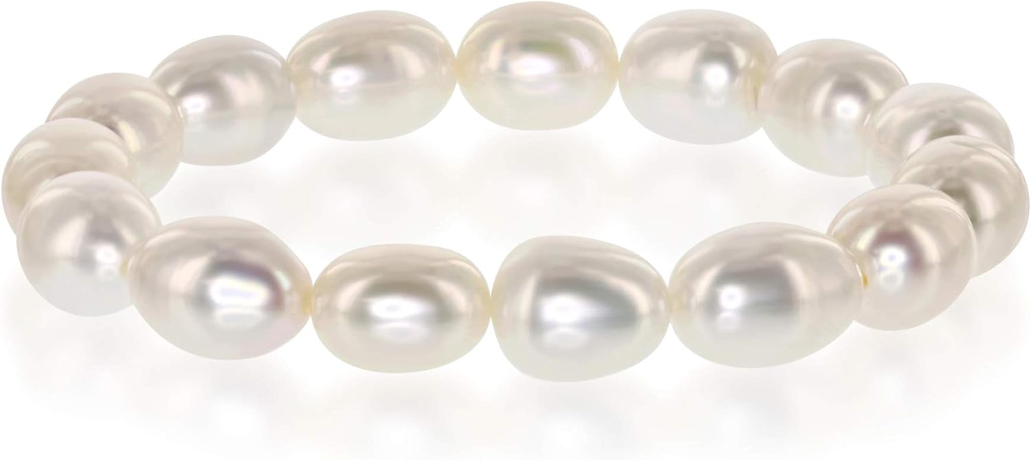 Blue Ocean Pearls 9.5mm-11mm AAA White Semi-Baroque Oval Freshwater Cultured Pearl Bride & Bridesmaid Stretch Strand Bracelet - 7" & 8"