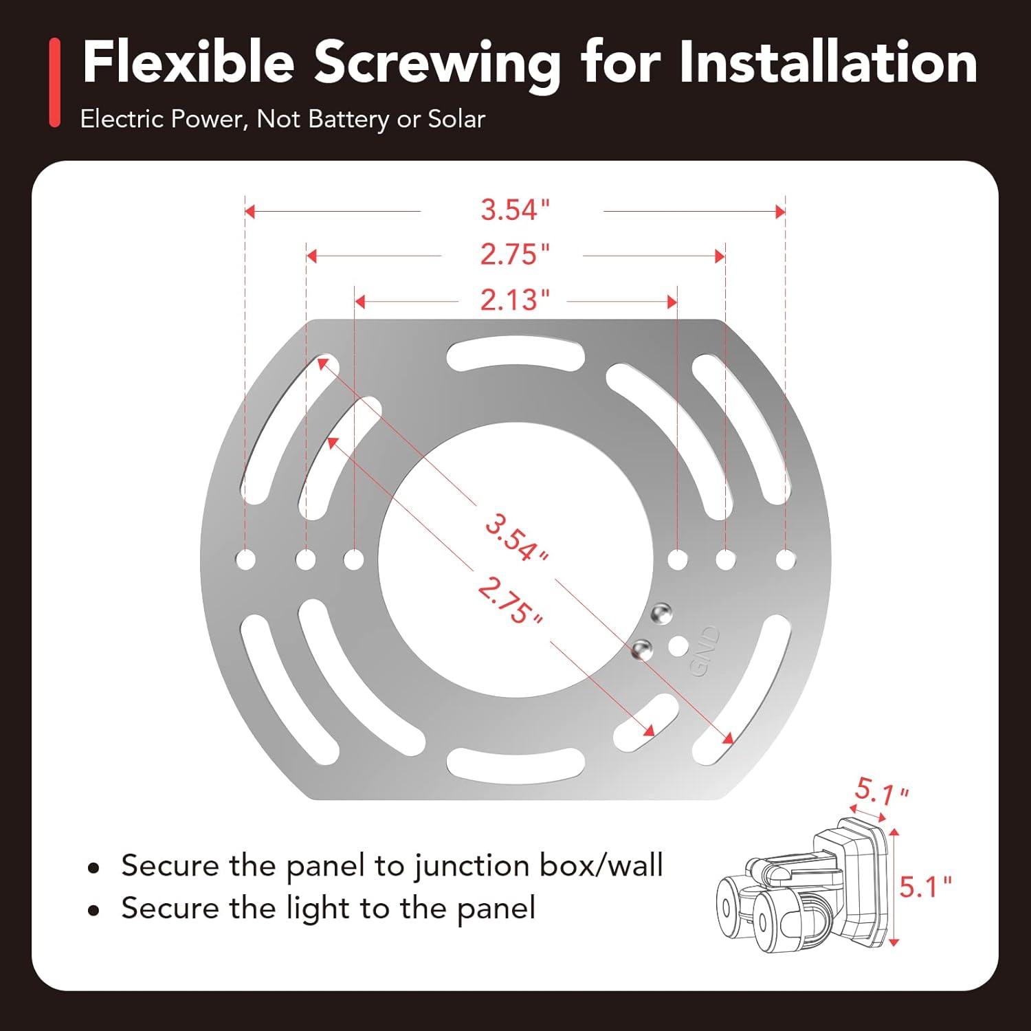 Diagram showing the mounting bracket dimensions and how it attaches to a junction box