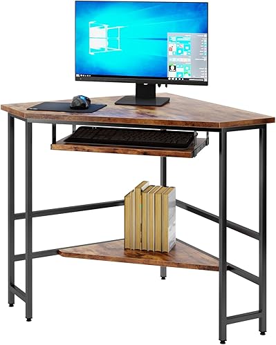 Miniatura 3 de DlandHome Escritorio esquinero triangular para computadora con bandeja para teclado, mesa de computadora portátil, escritorio pequeño para