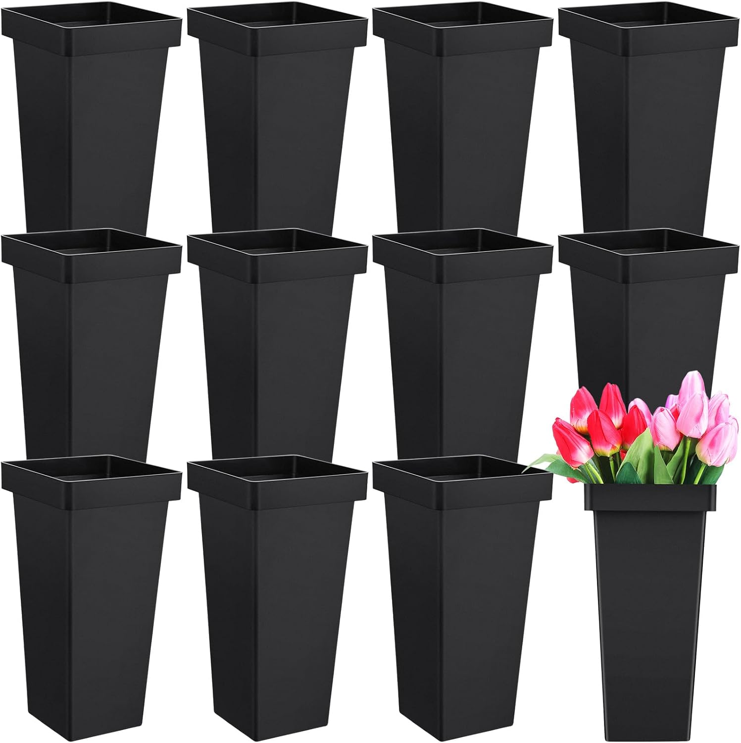 12 Pcs Flower Buckets 13.4 Inch Plastic Floral Bucket for Cut Flowers Modern Square Vases for Centerpieces Display Decorative Plastic Vases for Table Home Wedding Decorations (Black)