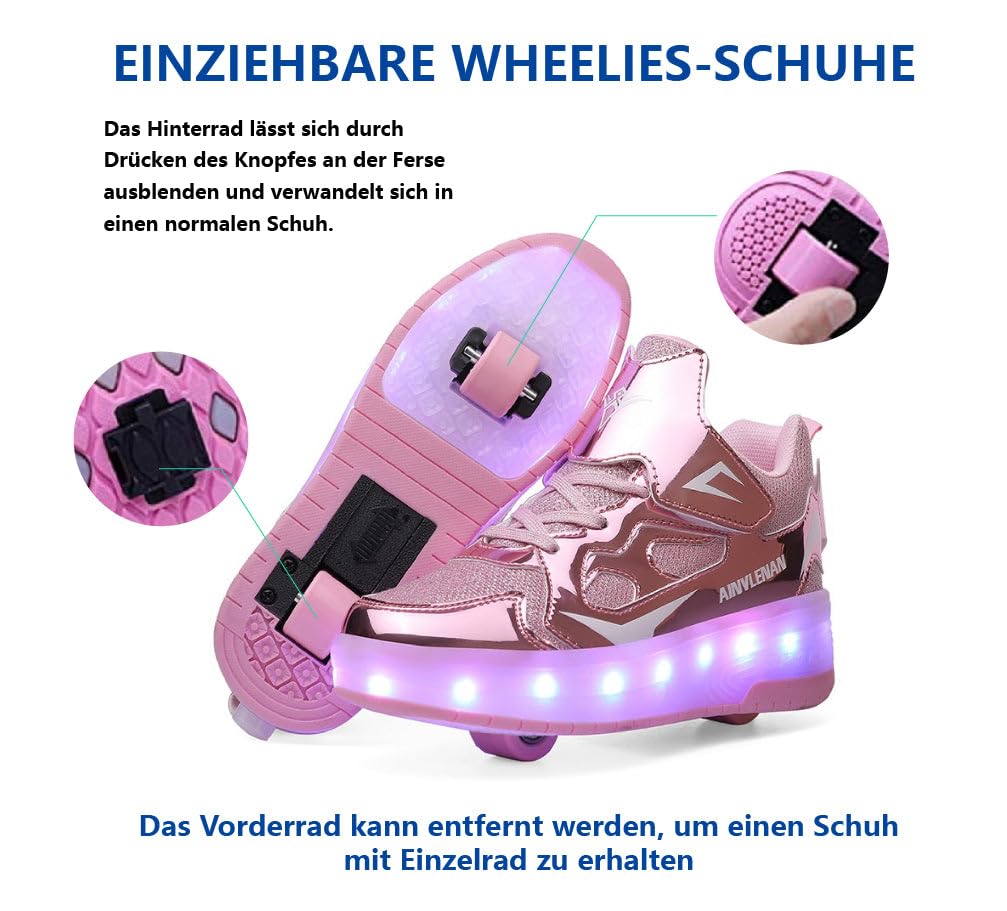 Sneaker per Bambini,Scarpe da Skateboard a Due Ruote,Luce a Cambio Colore Regolabile,Ricarica USB,universali per Ragazzi e Ragazze,Nero Rosa Oro Argento 27–40 EU