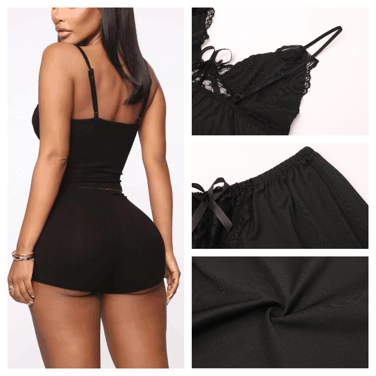 Seksowne komplety piżam damskich 2 szt. Jednokolorowe komplety piżamowe Koronkowa bielizna nocna Casual Odzież codzienna Camisole Letnia bielizna nocna S-XL Głęboki dekolt w szpic Domowa piżama Top i
