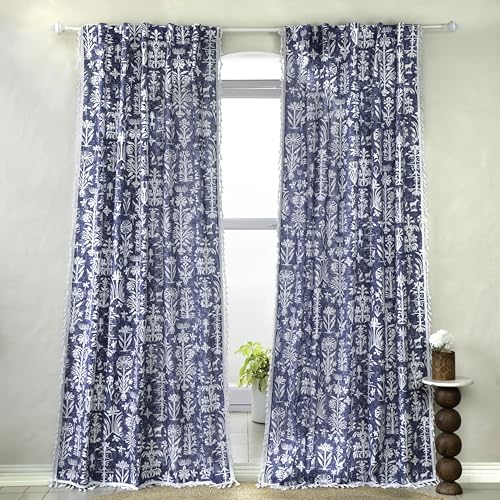 Image of Tranquebar Curtain Co. Window Curtains 5 Feet, Cotton Curtains, 60-65% Room Darkening, Blue Botanical Print, Blue Curtains, BackTabs, Design Cairo (152 cm) - 1 Piece