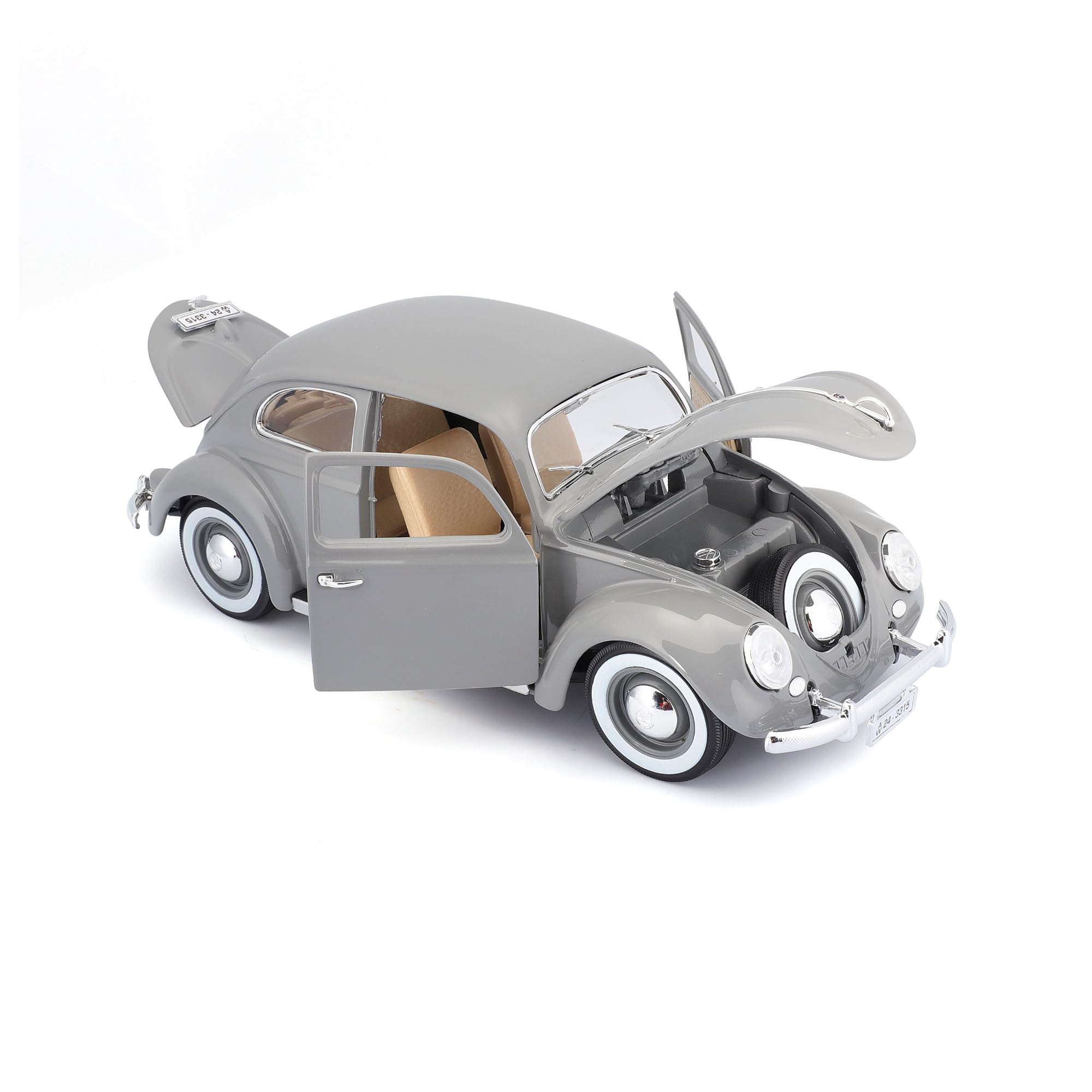 Bburago 1955 Volkswagen Kafer-Beetle Diecast Model Car, 1:18 Scale, Grey, Die-Cast Metal with Plastic Parts, Opening Doors, Bonnet and Boot