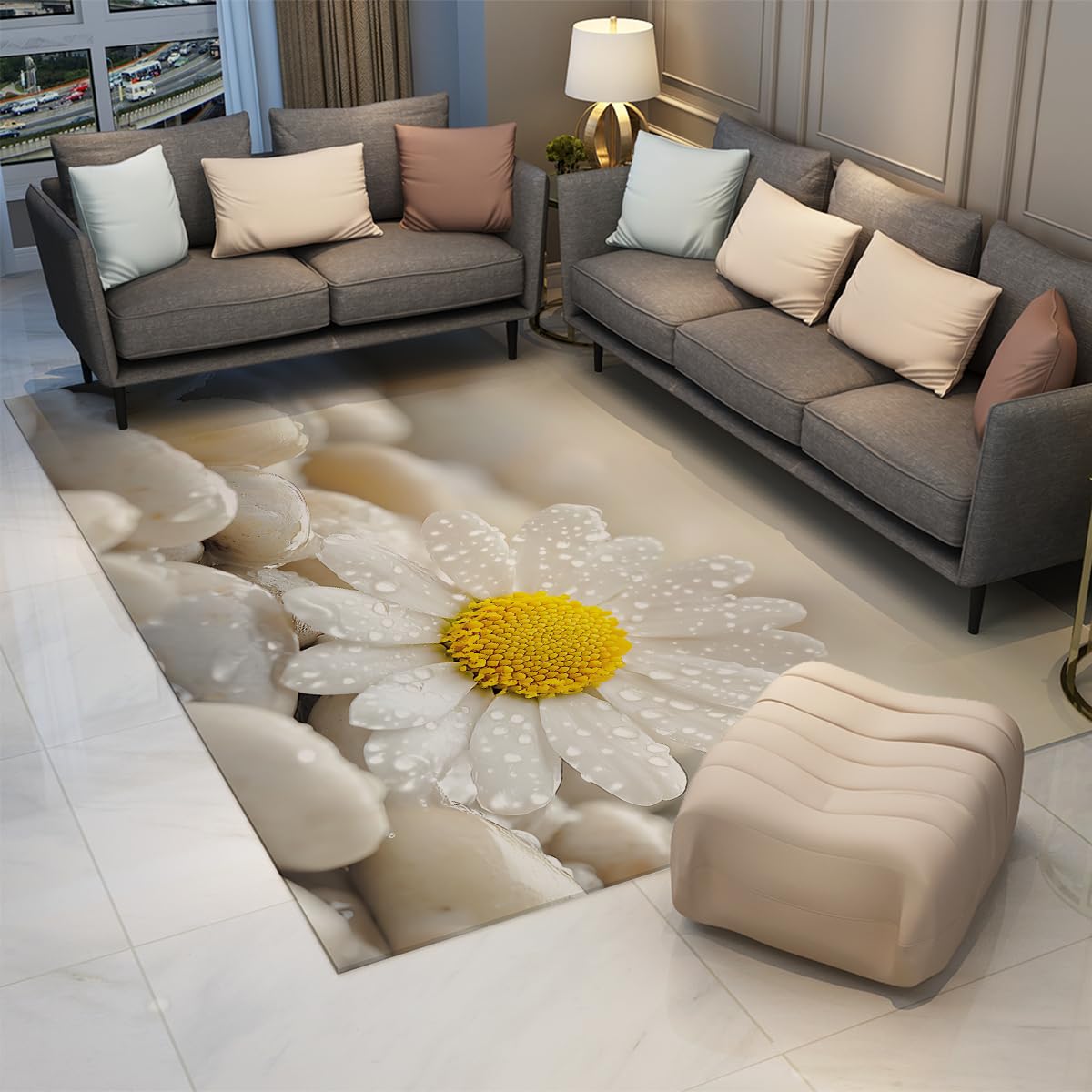 Jardin méditation 180x270cm Tapis d’Espace Goutte rosée Marguerite et Pierres Grises imprimées Moquette à Poil Bas Facile à Nettoyer pour Appartement Décoration Bureau