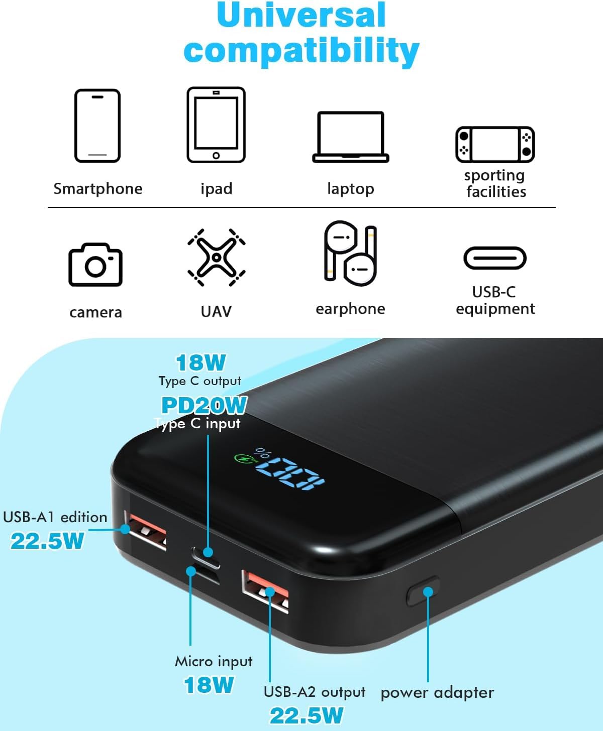 Batería Externa 27000mAh 22.5W PD3.0 QC4.0 Power Bank Carga Rapida, 3A USB C Cargador Portátil con Pantalla LED, 2 Entradas y 3 Salidas Powerbank para Smartphones, Tablets y más (Black)