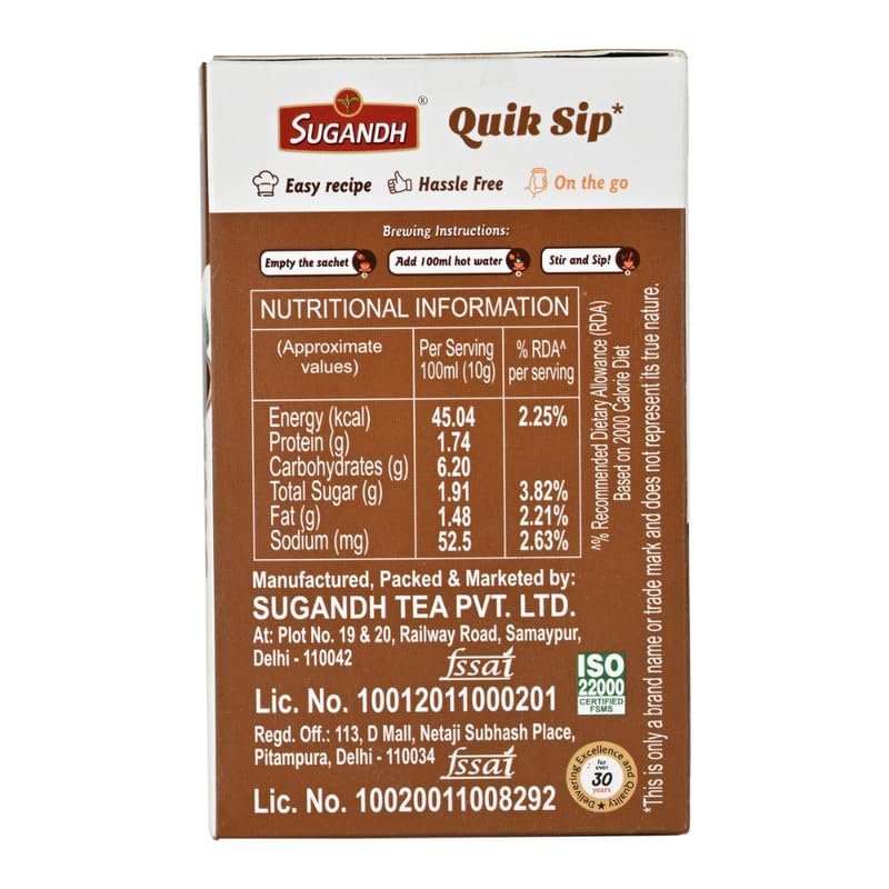 Image of Sugandh Quik Sip Instant Coffee Premix (Pack of 2) Extra Low Sugar- Single Serve Sachets - Unit Count: 2 Boxes of 10 Sachets each, Medium Roast