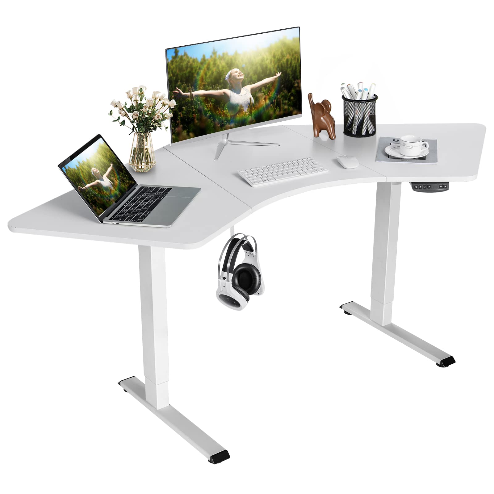 COSTWAYDual-Motor L Shaped Standing Desk, Ergonomic Sit Stand Computer Workstation with Hook & Cable Tray, Touch Control Panel, Electric Height-Adjustable Corner Desk for Home Office (White)