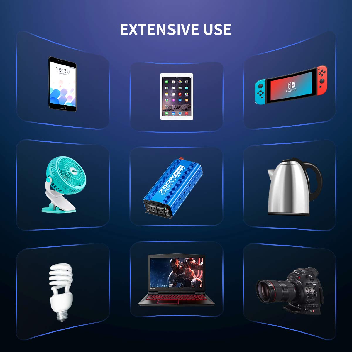 Kinverch 750 Watt Power Inverters DC 12V to 110V AC Converter with 2 AC Outlets and 2A USB Charging Port for Camping Car Power Inverter for Car Cigarette Lighter