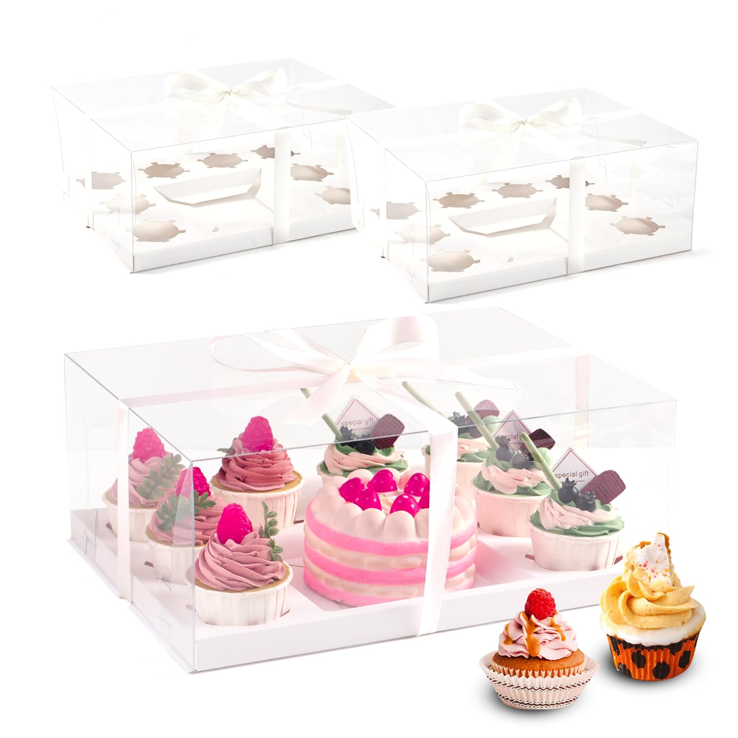JCD 3 Pcs Bento Clear Boxes 1 mini Cake and 8 Cupcakes Box Cake Cupcake Combo Box Rectangle Cupcake Holder for Treats, Dessert Boxes, Muffins (1+8/3Pcs)
