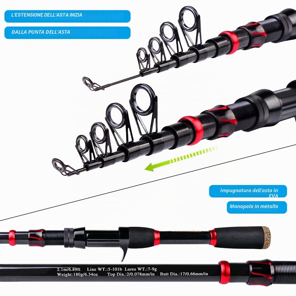 Canna da pesca e mulinello Combo, canna da pesca telescopica in fibra di carbonio da 2,1 m con mulinello da spinning/baitcasting, set di attrezzatura da pesca in acqua salata d'acqua dolce ghiaccio