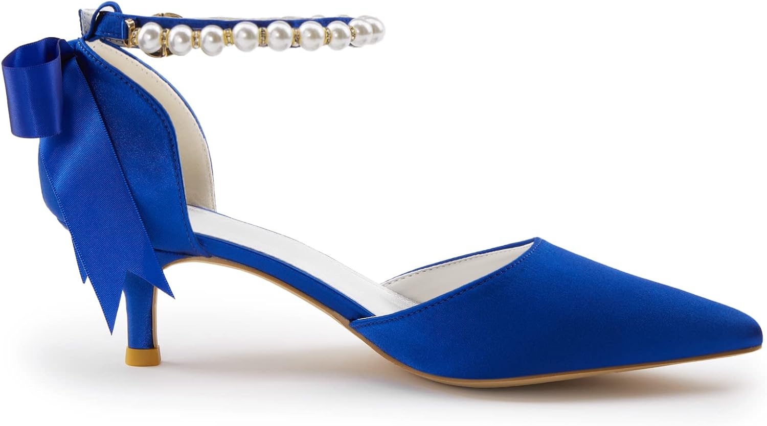 Coutgo Womens Pearl Ankle Strap Pumps Low Kitten Heel D'Orsay Satin Back Tieknot Heels Pointed Toe Wedding Party Dress Shoes - Image 7