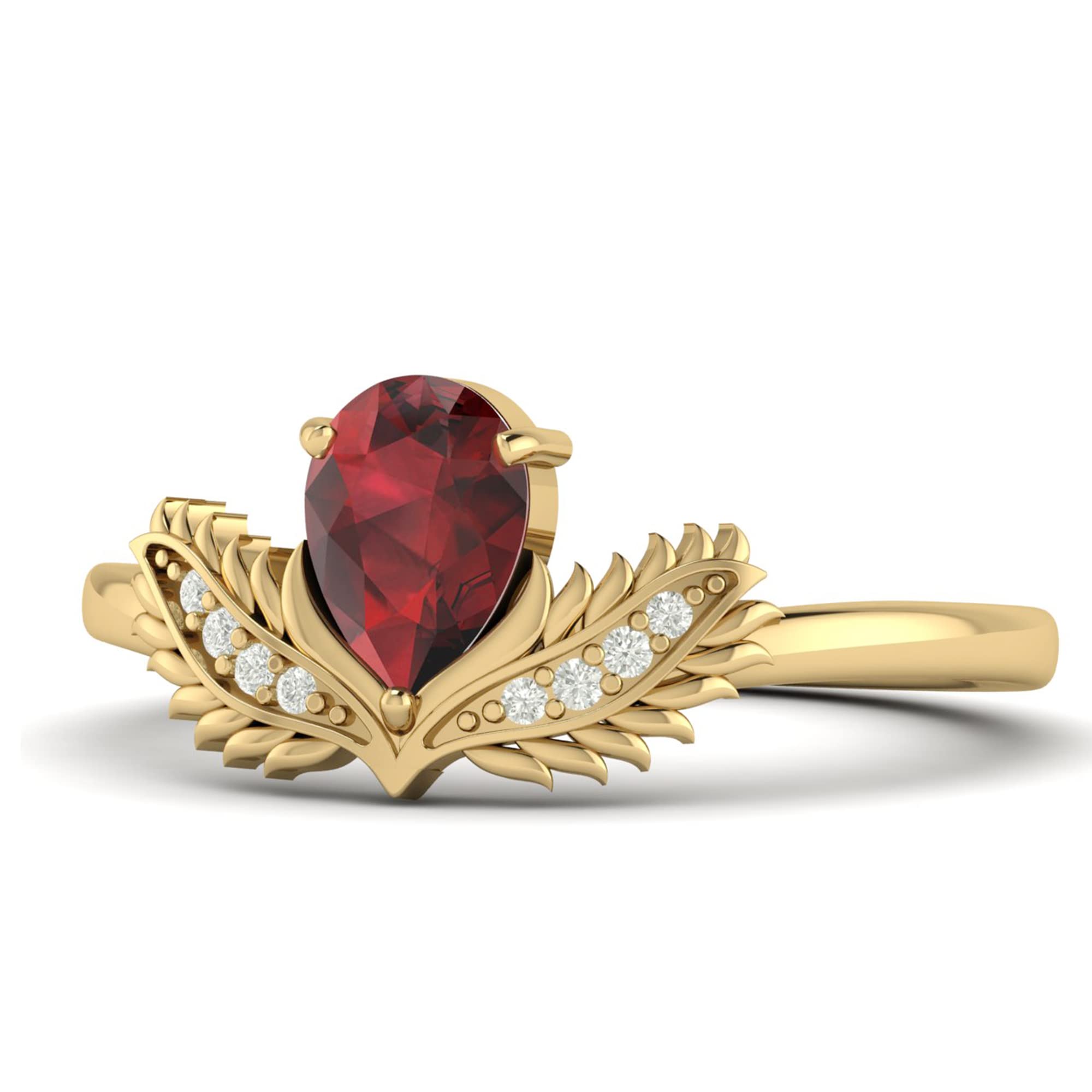 1.30 Carat Red Garnet 925 Sterling Silver Ring, White Zircon Round Shape Ring, Pear Shape Garnet Ring