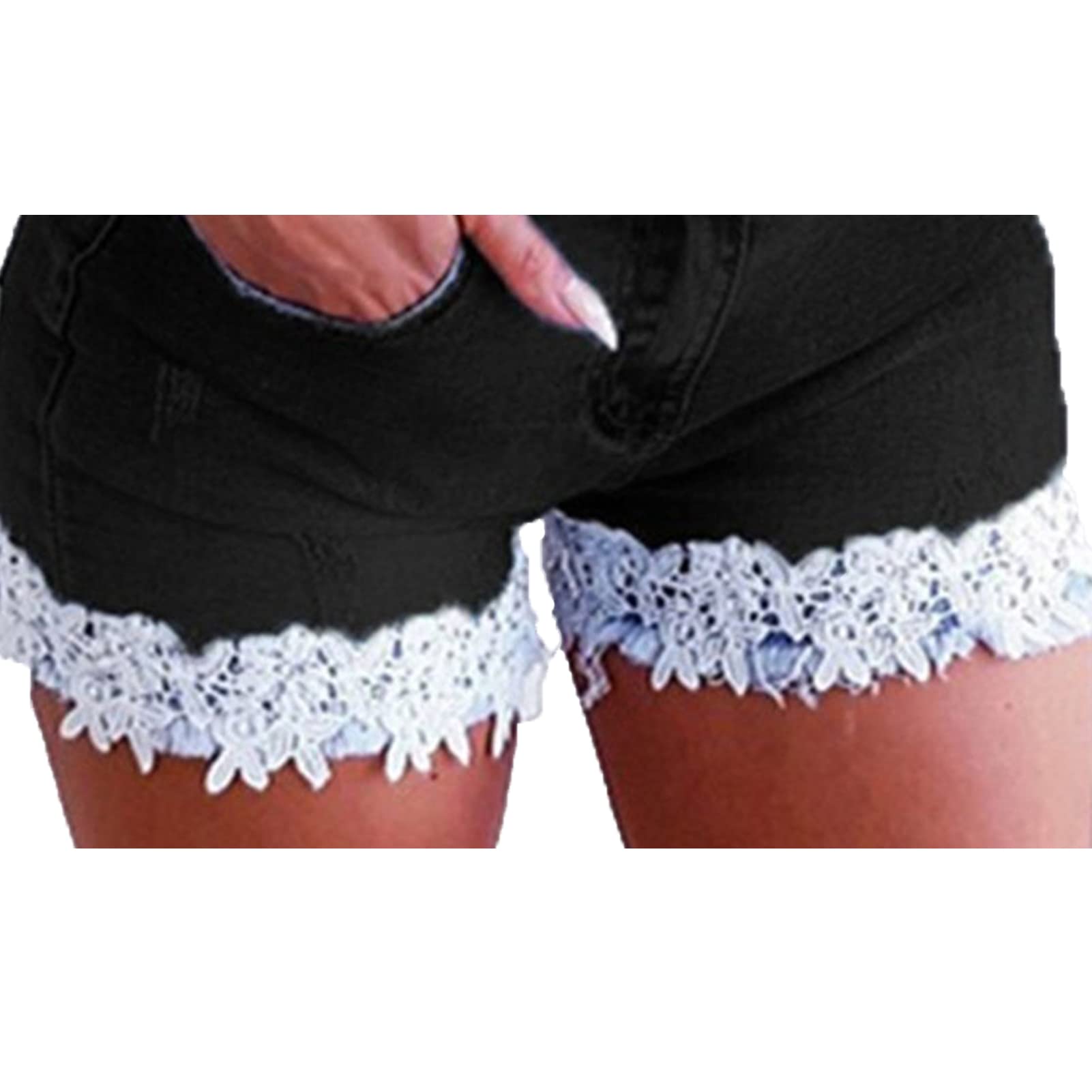 Lace Jeans Shorts for Women Summer Stretch Skinny Denim Pants Ripped Distressed Shorts with Pockets (XX-Large,Black)