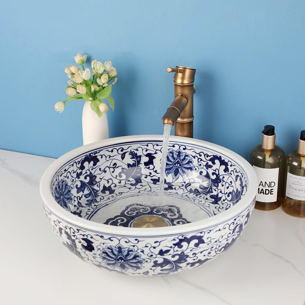 18 Inch Bathroom Vessel Sink with Bamboo Shape Faucet and Pop-Up Drain Combo,Blue and White Porcelain Ceramic Vessel Sink Bowl Above Counter Round Bathroom Sink Basin
