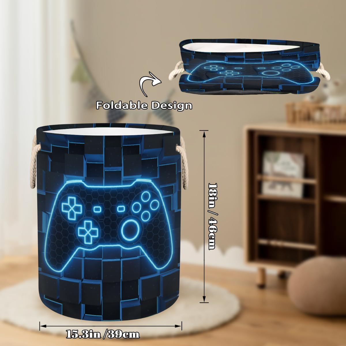 Large Laundry Basket Hamper, Blue Video Game 58L Collapsible Storage Bin for Kids Toys, Blankets, Dirty Clothes, Tall Baby Nursery Hamper for Bathroom, Bedroom Decor, Gift Basket