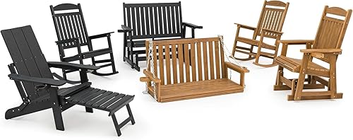 Miniatura 7 de HIPS - Planeador de patio con portavasos, material de madera de polietileno duradero, resistente a todo tipo de clima, respaldo alto y asiento