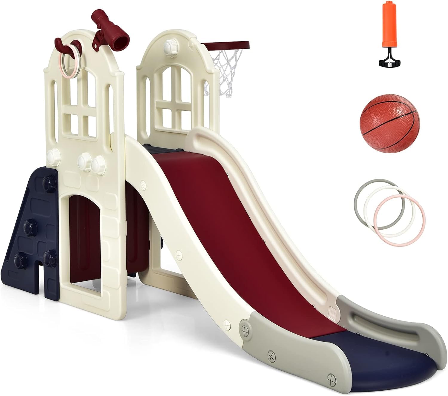 RELAX4LIFE 6 en 1 Tobogán Infantil con Escalador, Canasta de Baloncesto, Lanzamiento del Anillo, Túnel y Telescópico Decorativo, Toboganes Infantiles Exterior de HDPE para Niños 3-8 Años (Azul)