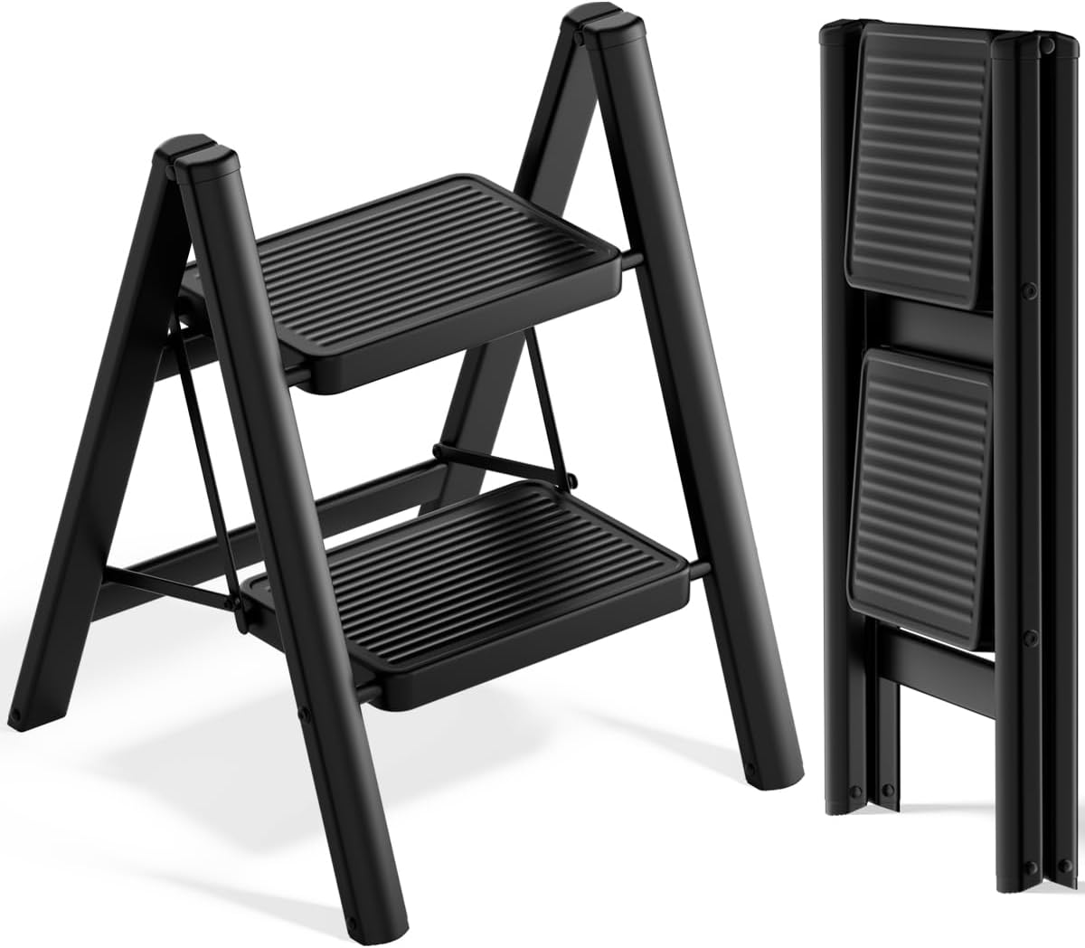 SOLADDER Step Stool, 2 Step Ladder with Anti-Slip and Wide Pedal, Folding Portable Iron Stepladder for Home and Kitchen, 300lbs - Black