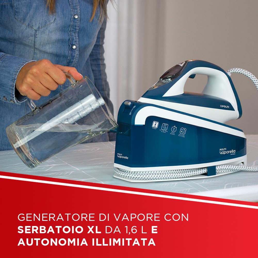 Polti Vaporella Express VE30.10, Ferro da Stiro Generatore di Vapore, Pressione Pompa fino a 8 Bar, Potenza 2200 W, Funzione Eco, Tecnologia One Temperature, Digital Setting, Blu e Bianco