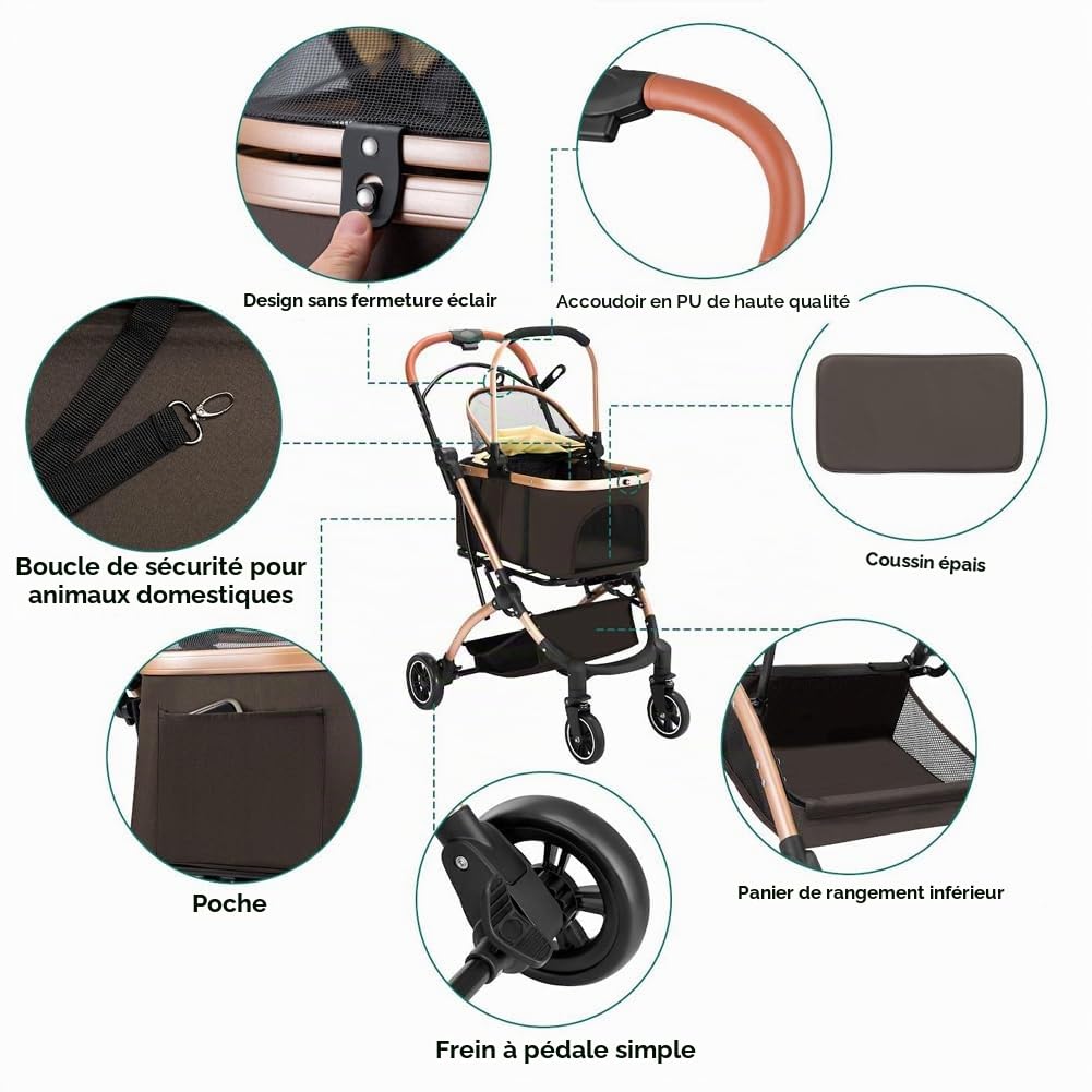 BAKAJI Poussette pour chiens et chats 2 en 1 avec nacelle amovible et fermeture peu encombrante, poussette pour animaux domestiques avec capsule de transport amovible et toit ouvert, poids max. 50 kg