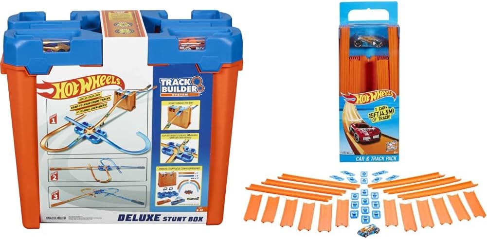 Hot Wheels Track Builder Playset, Deluxe Stunt Box with 25 Component Parts & 1:64 Scale Toy Car [Amazon Exclusive] and Track Builder Straight Track Set, 37 Comp