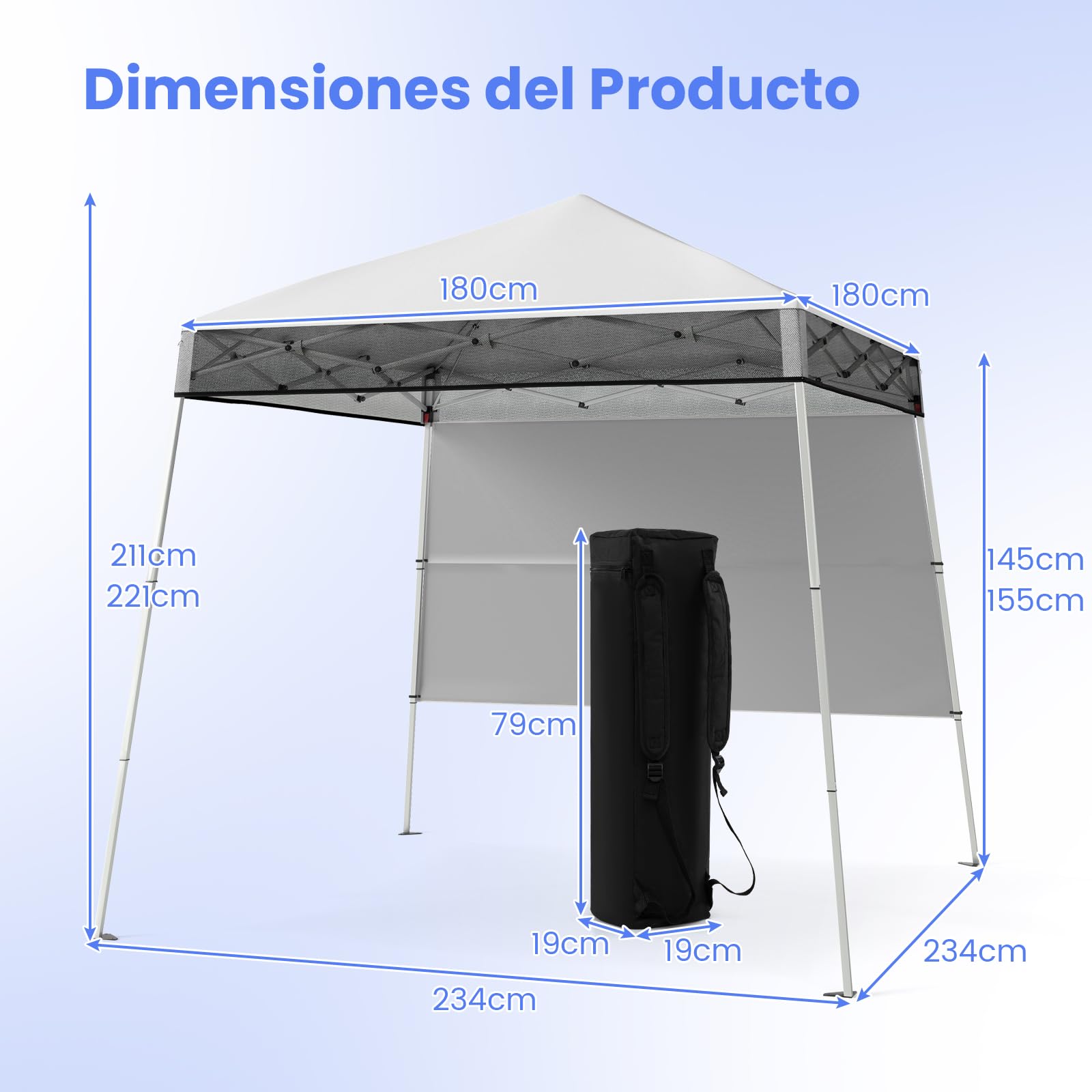 COSTWAY Carpa Plegable 1,8x1,8 m, Pop up, Cenador para Jardin con 1 Pared Lateral, Altura Ajustable, Bolsa de Transporte, Pergola Pabellón de Jardin Camping Picnic (Blanco)
