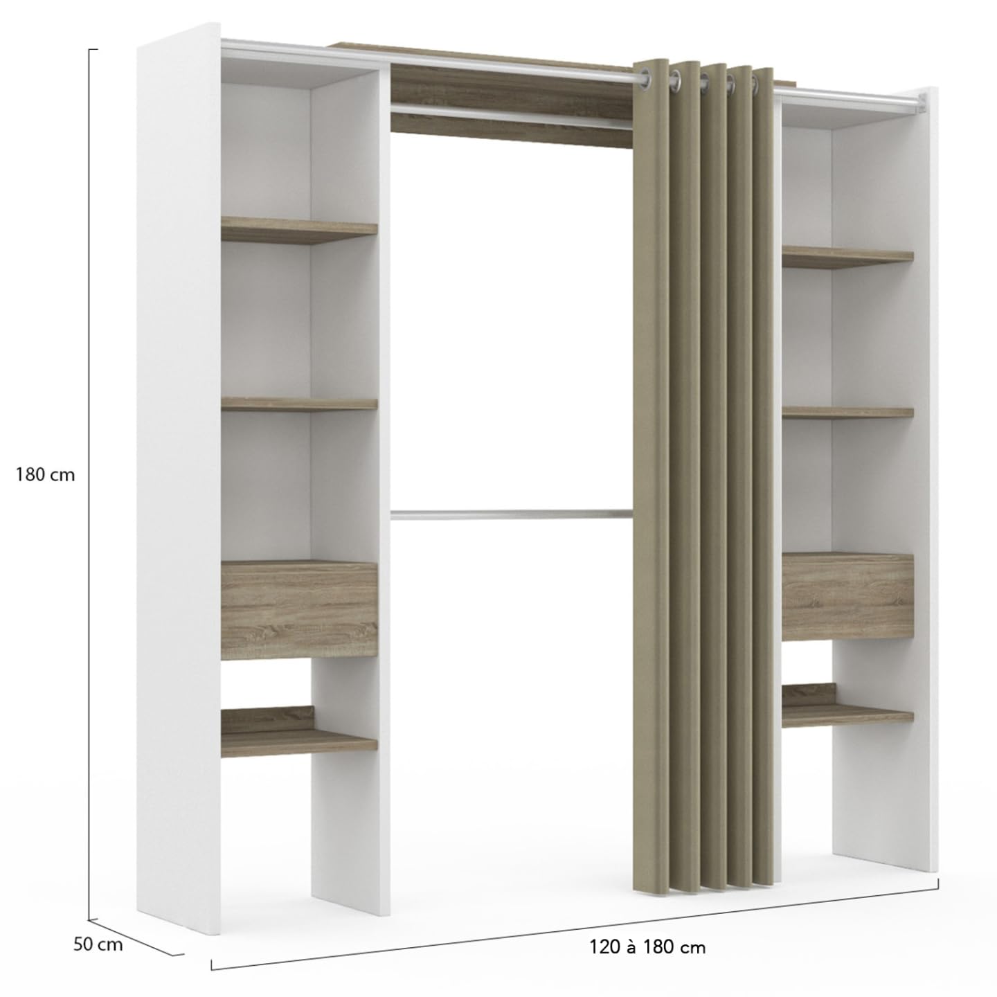 IDMarket - Dressing extensible double MERYL 120/180 x 50 x 180 cm blanc avec étagères hêtre + double penderie + rideau taupe