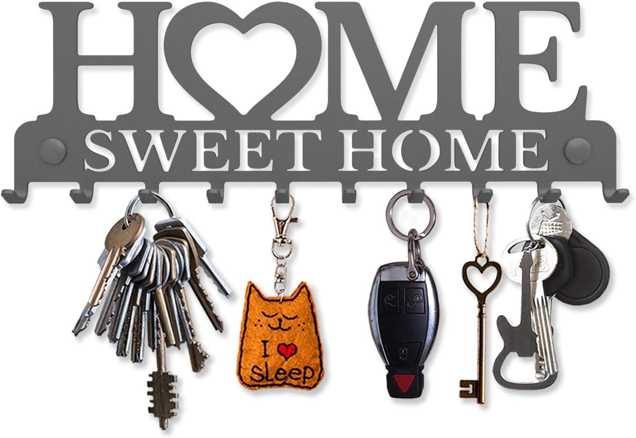 Key Holder for Wall Home Sweet Home (10-Hook Rack) Decorative, Metal Hanger for Front Door, Kitchen, or Garage | Store House, Work, Car, Vehicle Keys | Vintage Decor