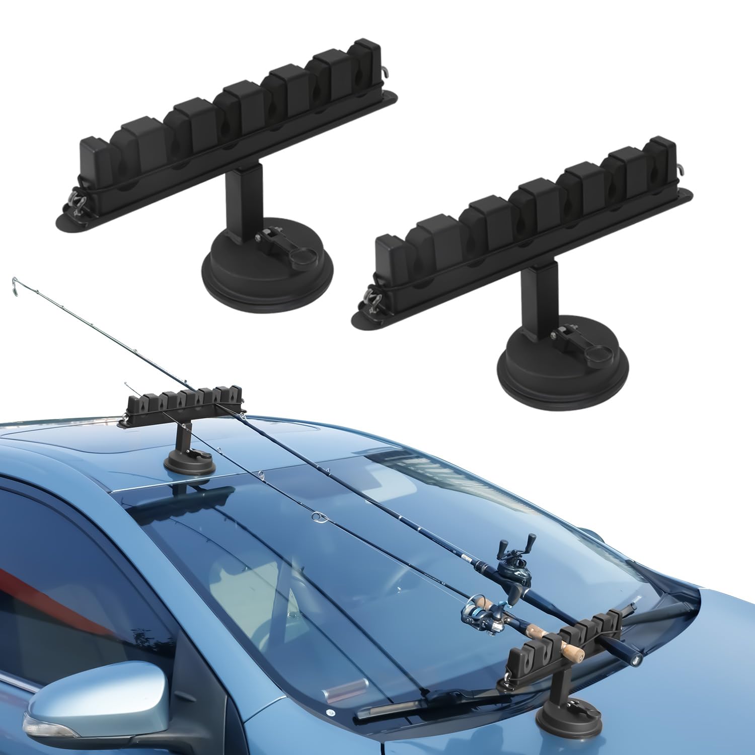 Photo 1 of Upgrade Fishing Rod Holder with Suction Cup - Universal Car/SUV/Glass Metal Suction Cup Mount with Elastic Nylon Strap & Metal Hook for Smooth Surfaces (2-Pack-Card Slot Design)