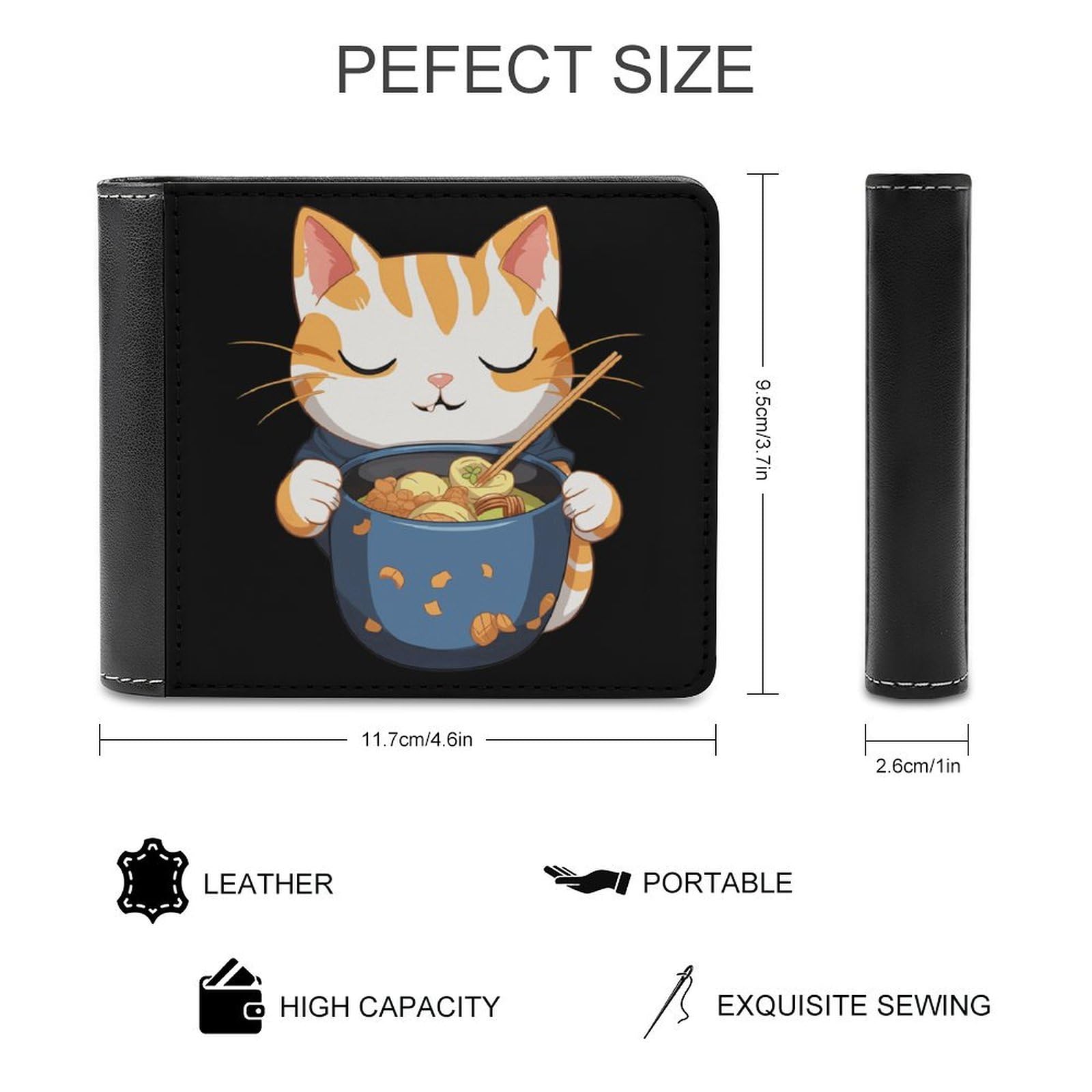 Cat Ramen Noodles Funny Men's Slim Bifold Wallet with Multiple Card Slots Front Pocket Purse