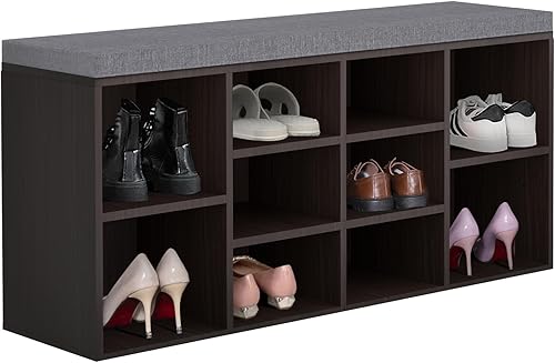 Miniatura 8 de YRLLENSDAN Banco de zapatos, banco de almacenamiento de 10 cubículos con asiento acolchado de 3 niveles, banco de zapatos, banco ajustable para