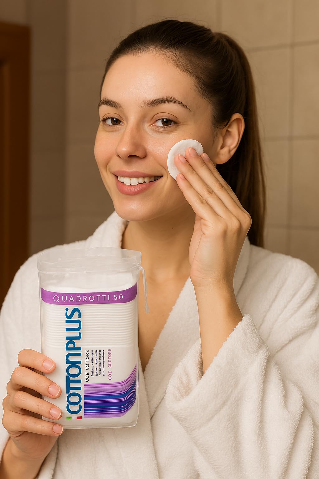 Cotton Plus Quadrotto Cotone 50 pz x 24 Confezioni - Dischetti Struccanti Viso in 100% Cotone Puro Dual Texture - Morbidi, Resistenti, Dermatologicamente Testati, Ideali per Uso Professionale