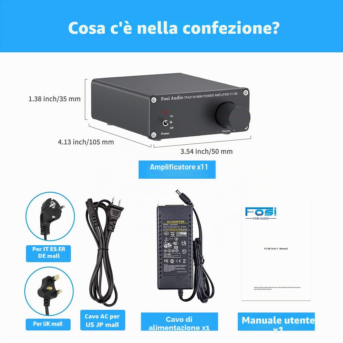 Fosi Audio V1.0B Compatto Amplificatore Audio, Chip TI TPA3116D2, 50Wx2, Mini Amplificatore HiFi Stereo, 2.0 Canali Class D Integrato, Stile Retrò anni '70 e '80, per Sistema HiFi, Diffusori Passivi