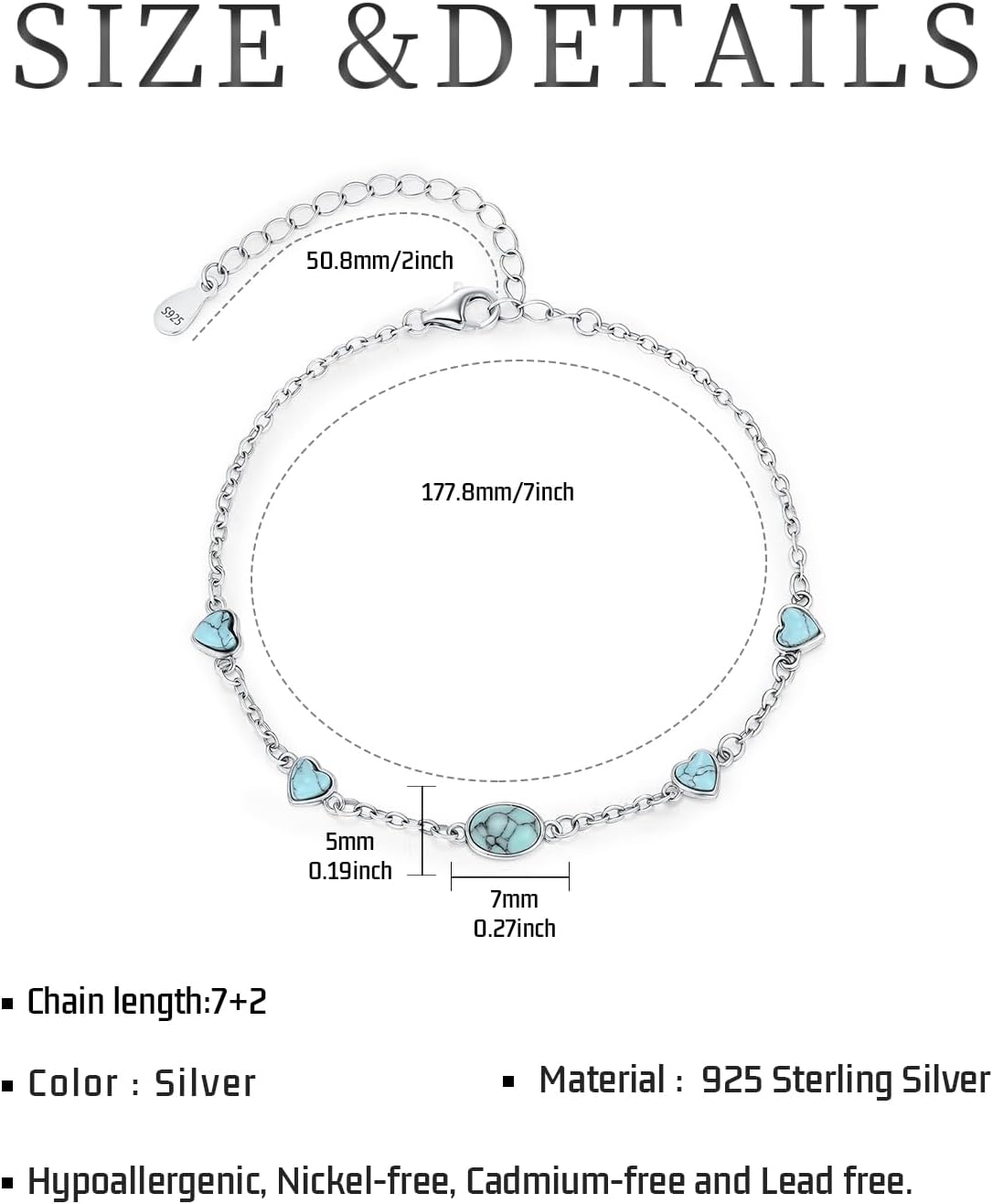 Turquoise Bracelet For Women 925 Sterling Silver Dainty Adjustable Heart Link Bracelet Turquoise Jewelry Gifts For Women - Image 4