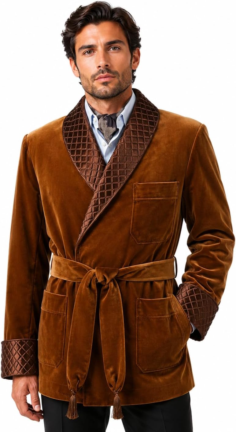 Men Brown Smoking Quilted Dinner Party Wear Jacket Smoking Male Luxury Wedding Robes
