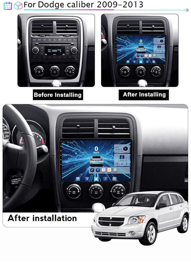 Autoradio Android 16 pour Dodge Caliber 2009-2013 9'' Écran Tactile Capacitif Bluetooth Auto Radio Lecteur De Voiture Mirrorlink Fonction Bluetooth RDS AM FM USB,4CoreWifi1G+16G